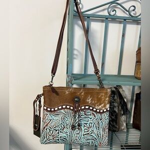 NEW Embossed green leather cowhide Floral Myra Bag ClutchCrossbody Small purse